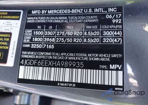 2017 Mercedes-Benz Gls 450 4Matic z USA, uszkodzony, nr VIN 4JGDF6EEXHA989935